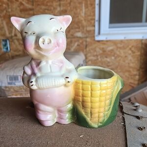 SHAWNEE Vintage Ceramic Pig Holding Corn Planter - Pink, Yellow, Green